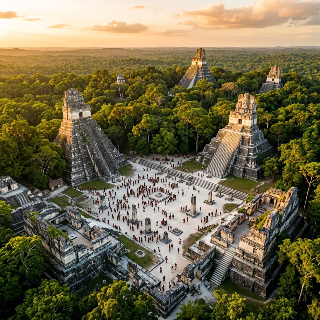 Aerial view of an ancient Maya city plaza with white limestone surface, towering temple pyramids, and carved stelae