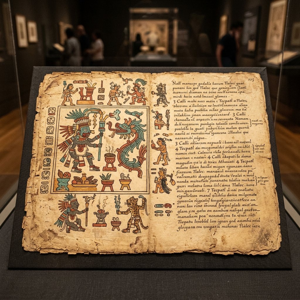 Colonial-era manuscript page of the Popol Vuh showing handwritten text and indigenous illustrations of Maya mythological scenes