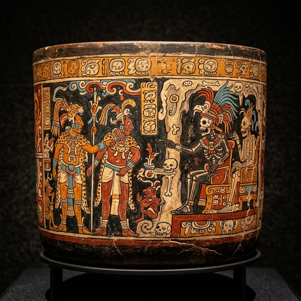 Maya painted ceramic depicting the Hero Twins in the Underworld confronting the Lords of Death
