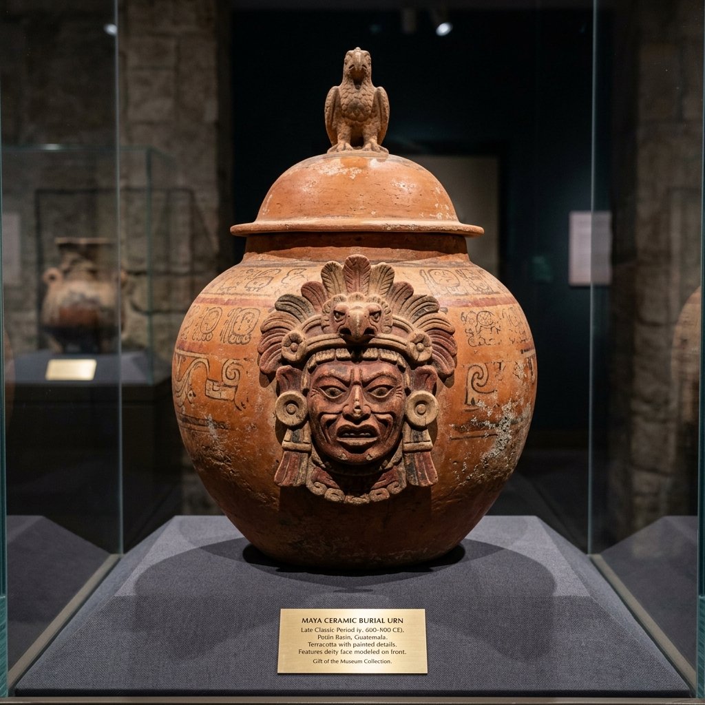 Maya ceramic burial urn with deity face