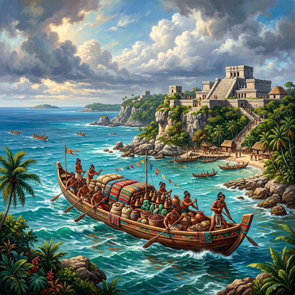 Maya maritime trading canoe approaching a Caribbean coastal city with cliffside temples — romantic expedition painting