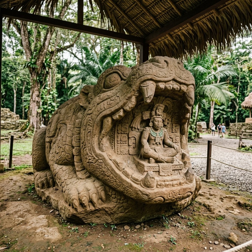 Maya zoomorph — massive carved boulder shaped into a mythological creature
