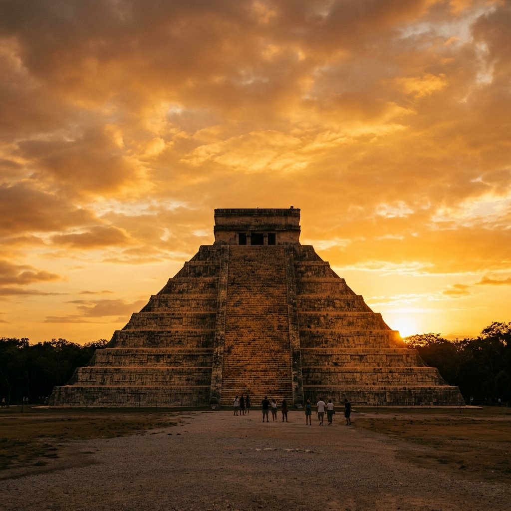 El Castillo pyramid at Chichén Itzá against a golden sunset sky