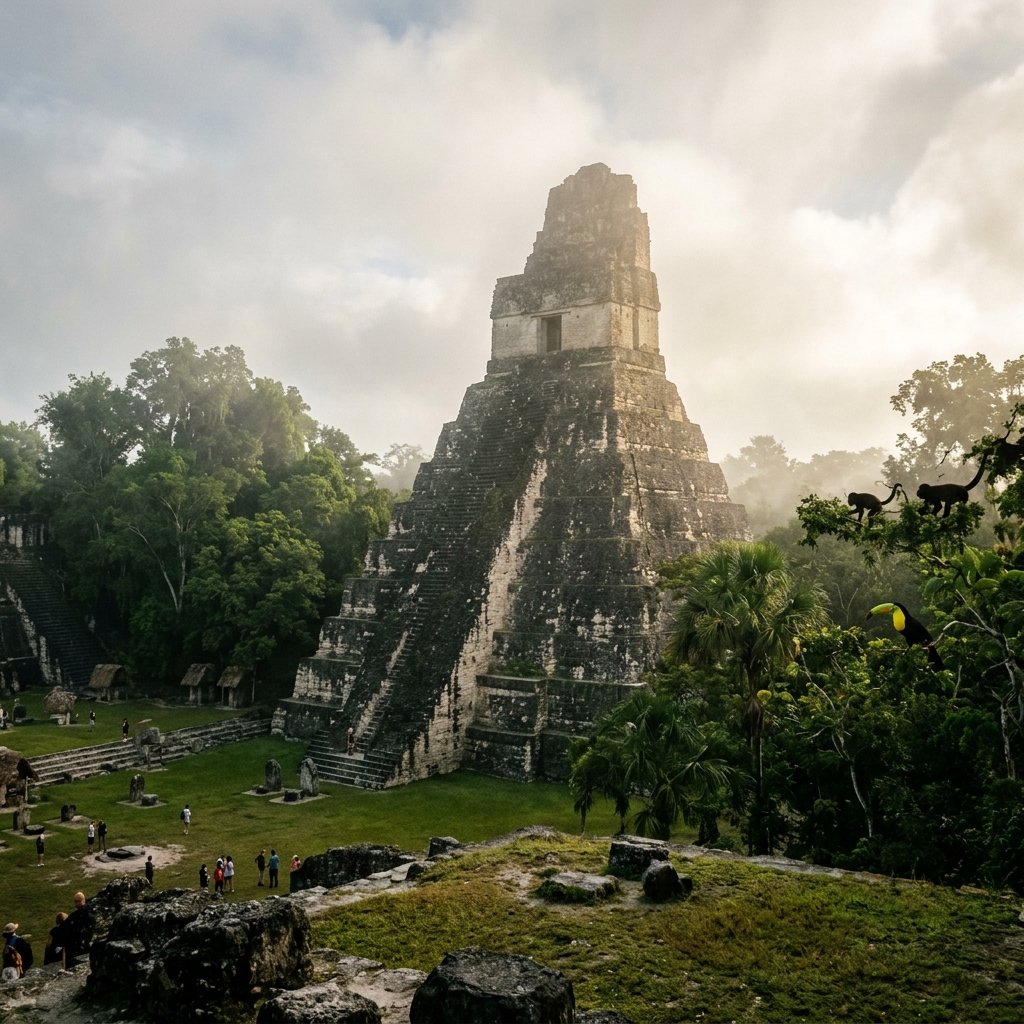 Temple I at Tikal soaring above the jungle canopy in morning mist