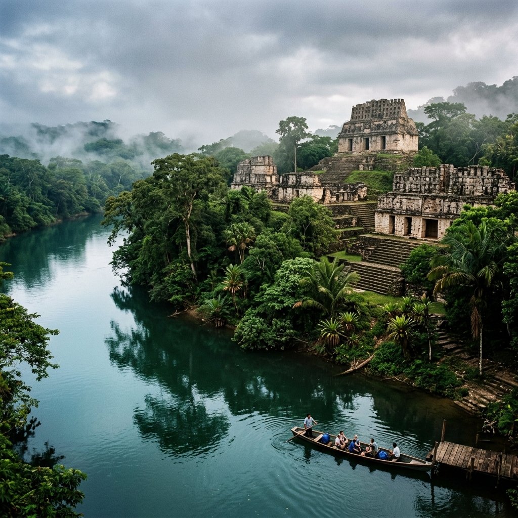 Temples at Yaxchilán along the misty Usumacinta River