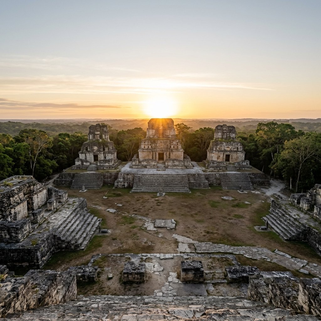 An ancient Maya E-Group astronomical observatory complex viewed from the western pyramid looking east toward three aligned temple platforms positioned to mark solstice and equinox sunrise positions
