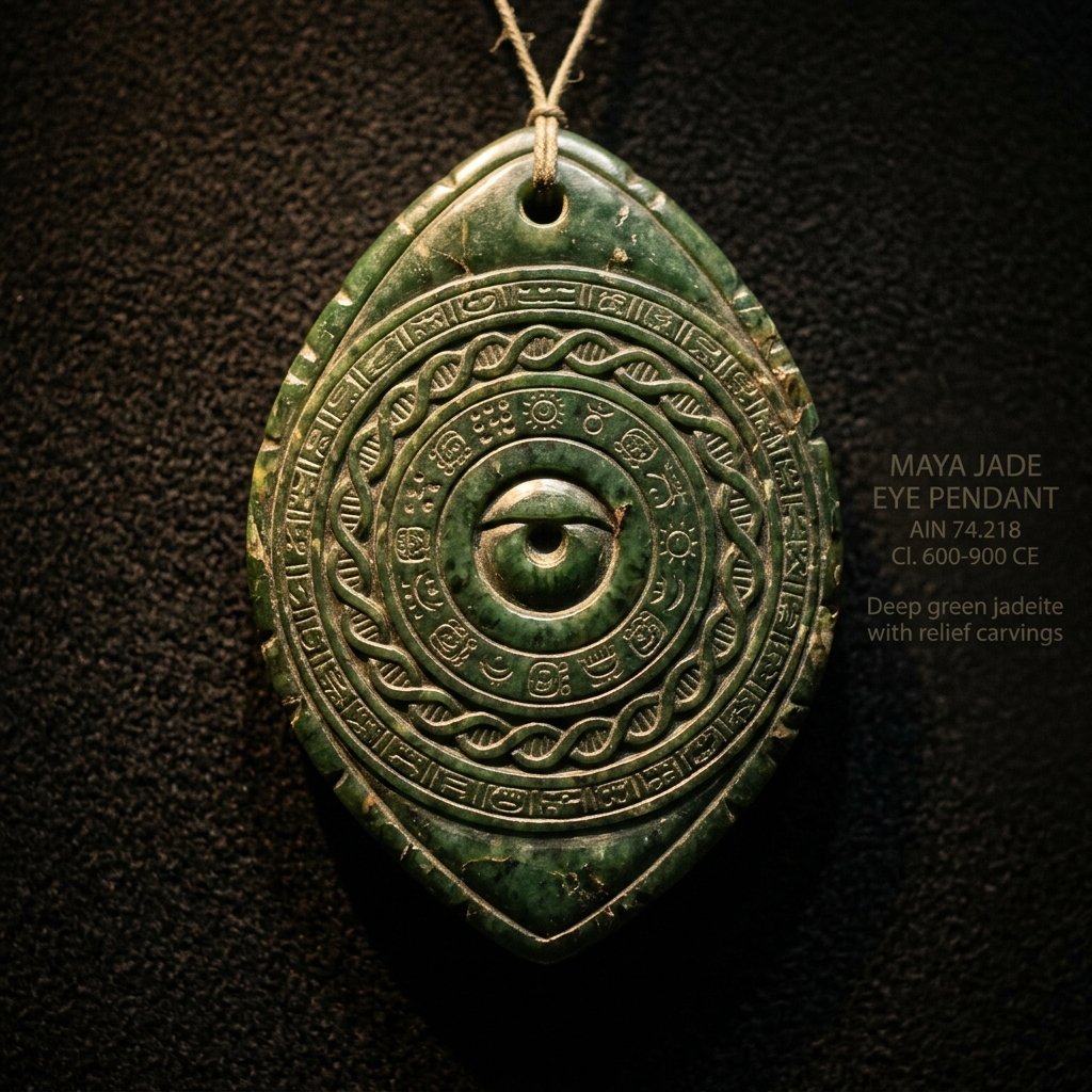 Maya carved jade eye of knowledge pendant
