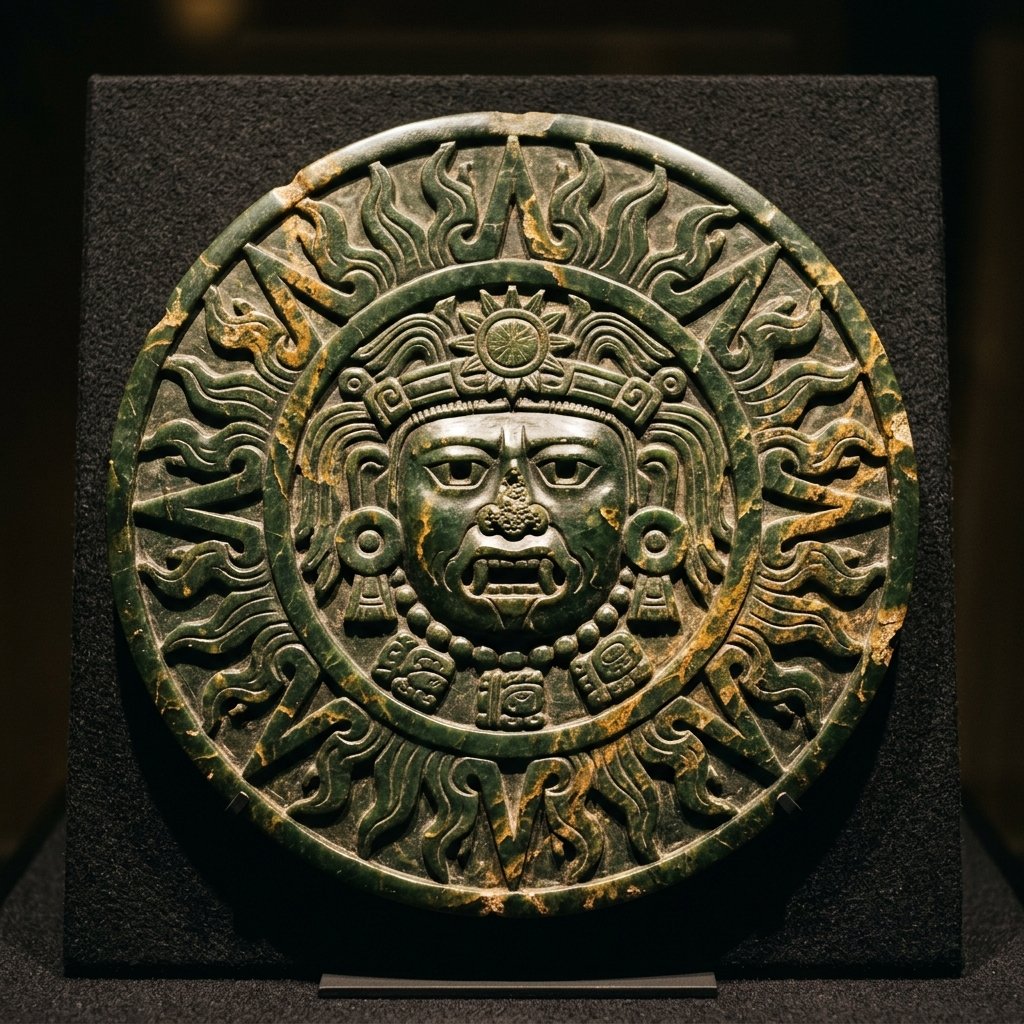 Maya carved jade sun disc of Kinich Ahau