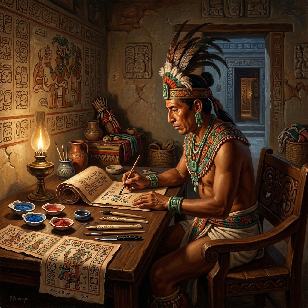 Maya royal scribe painting a bark-paper codex with fine brushes, surrounded by shell inkpots and pigment palettes — classical painting