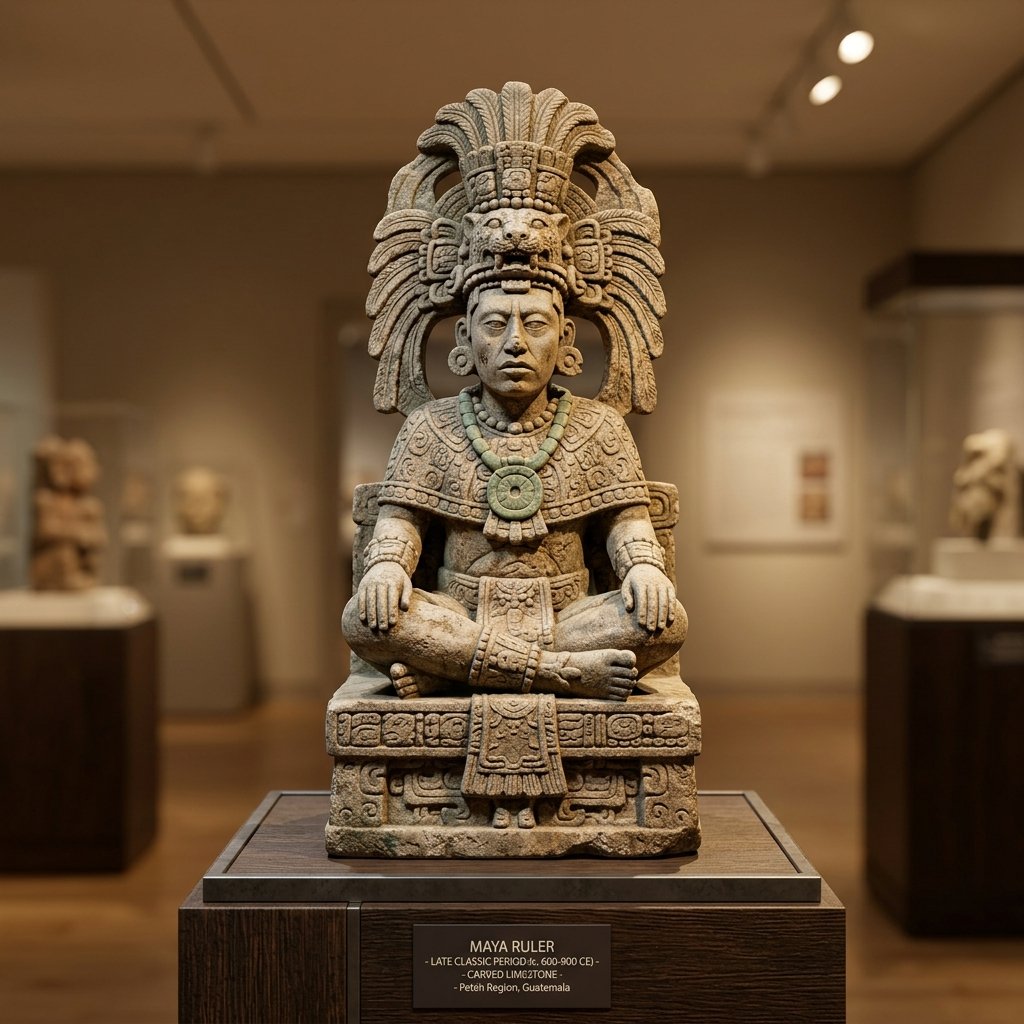 Maya carved stone seated figure with headdress