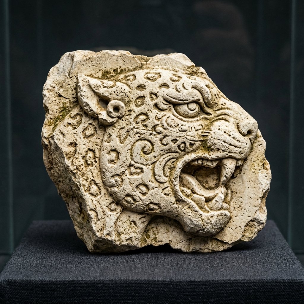 Ancient Maya carved stone jaguar head fragment from archaeological excavation