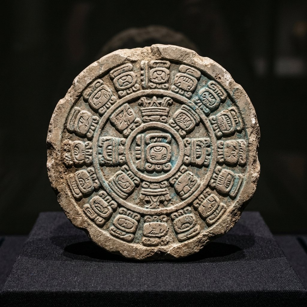 Circular carved Maya calendar stone fragment with interlocking day sign glyphs