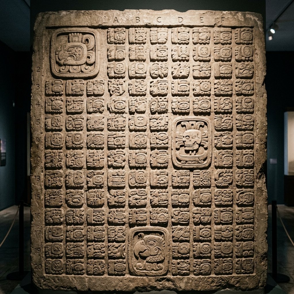 A detailed photograph of a large, complex Maya hieroglyphic inscription panel carved in limestone showing several emblem glyph blocks