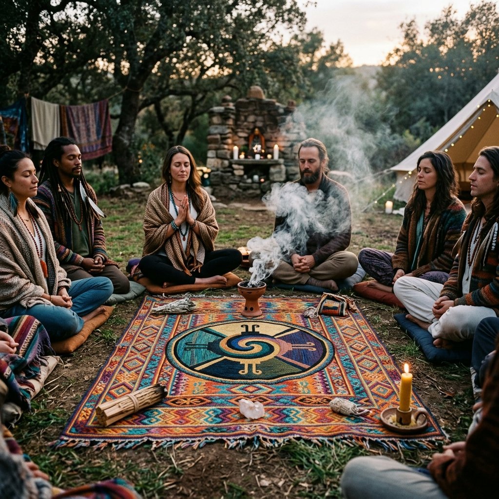 A modern spiritual gathering featuring the Hunab Ku symbol woven into a vibrant textile blanket on the ground with smudging smoke