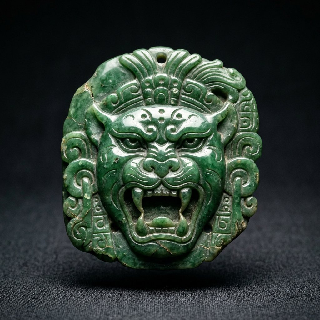 Ancient Maya carved green jade pendant depicting a jaguar face with snarling expression and prominent fangs