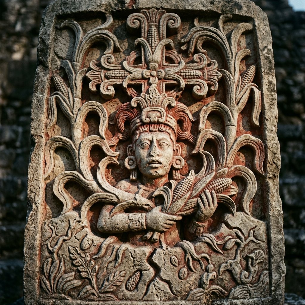 A close-up of a Maya stela carving showing the resurrected Maize God emerging from the earth framed by a cross-shaped motif