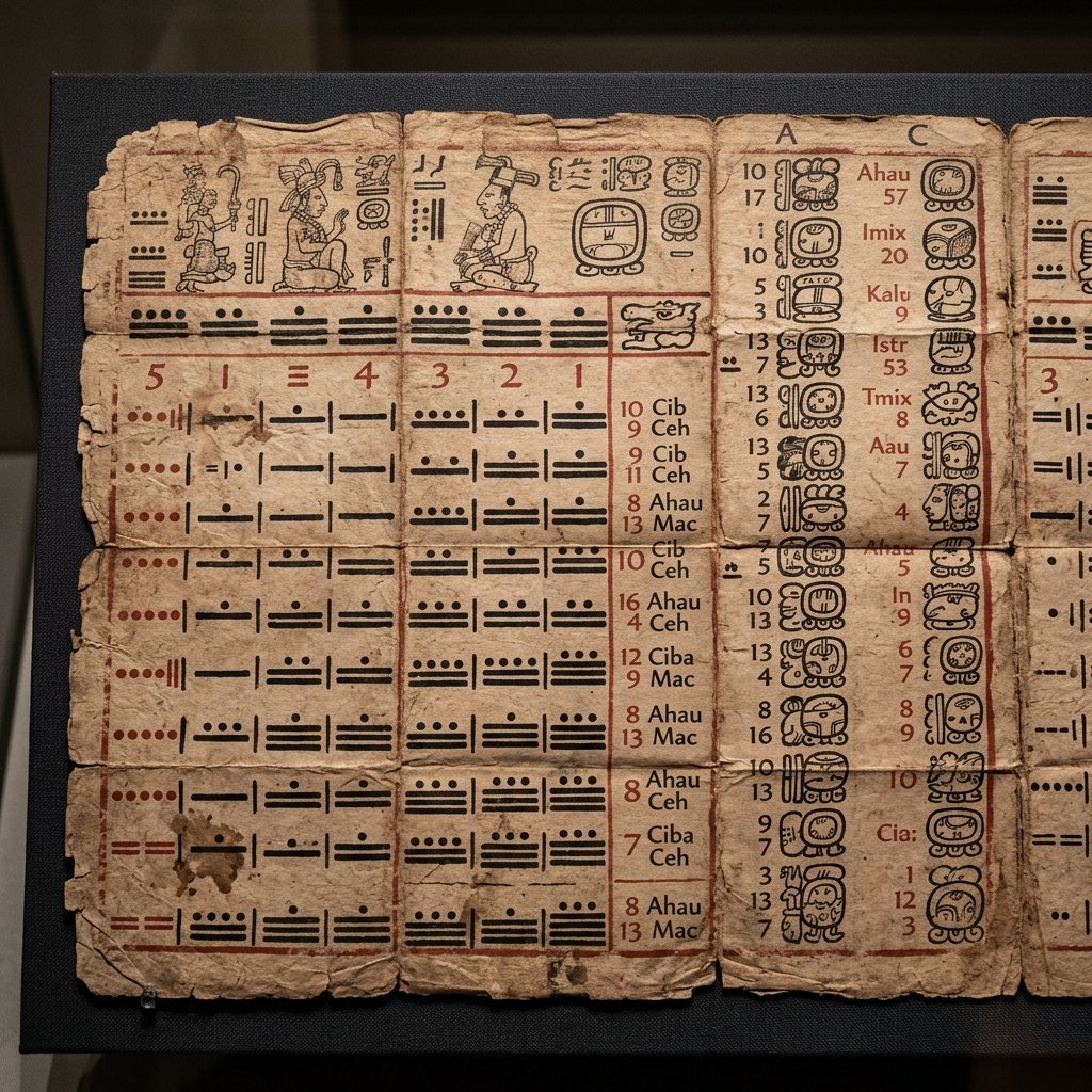 A page from the ancient Maya Dresden Codex showing astronomical calculations in black and red dot and bar notation