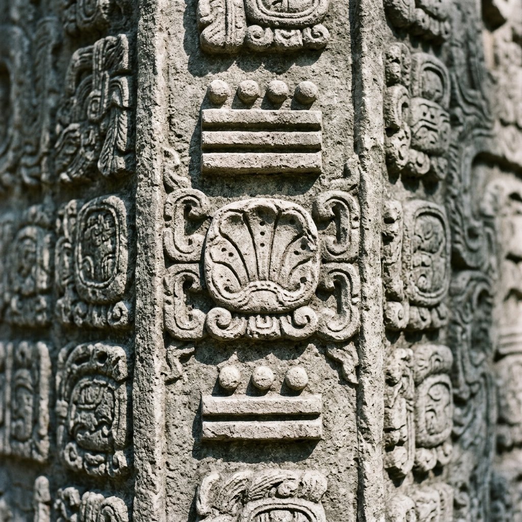 Ancient Maya number system carved in stone showing dots, bars, and shell zero