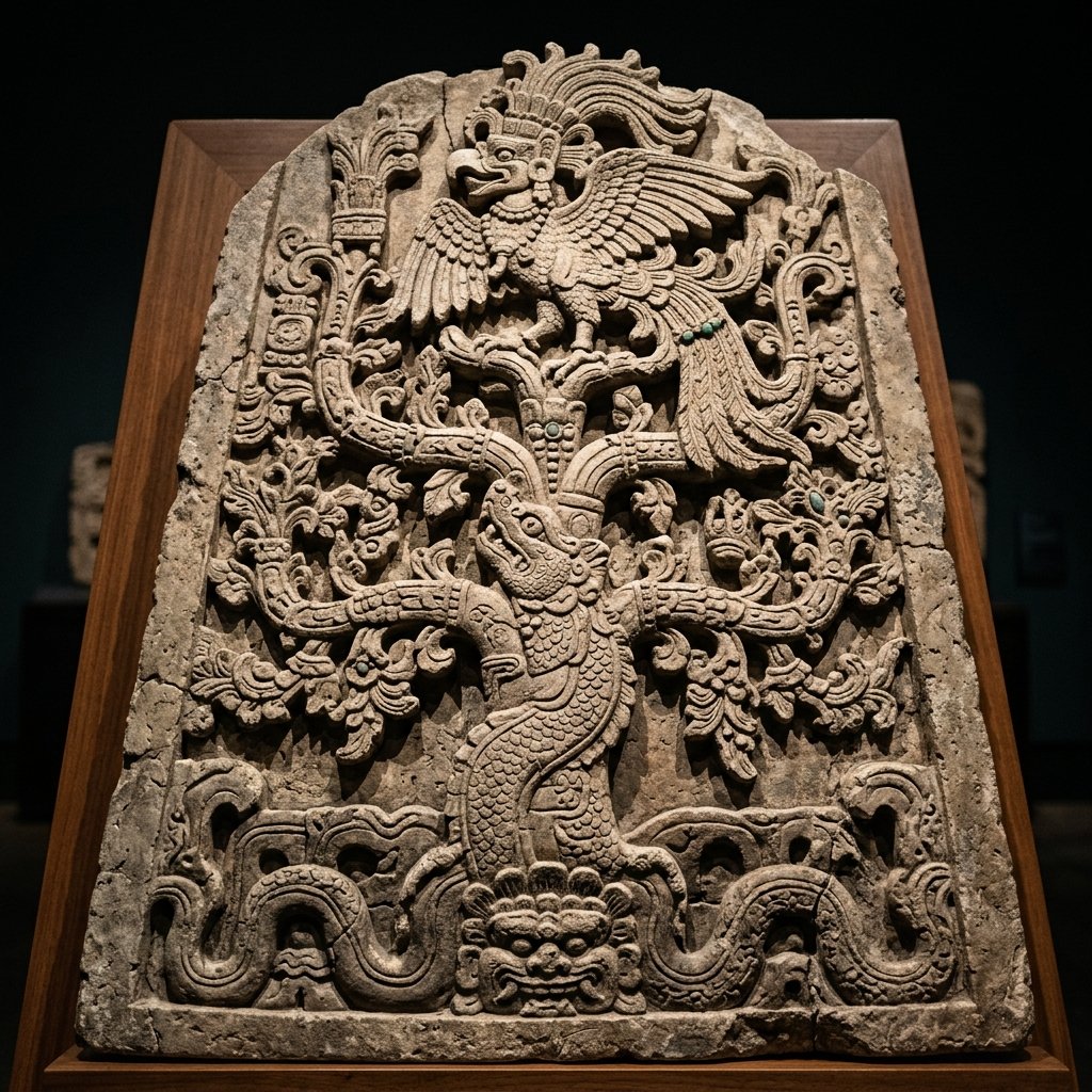 Ancient Maya carved stone sarcophagus lid detail showing the World Tree rising from the underworld with the Principal Bird Deity on top