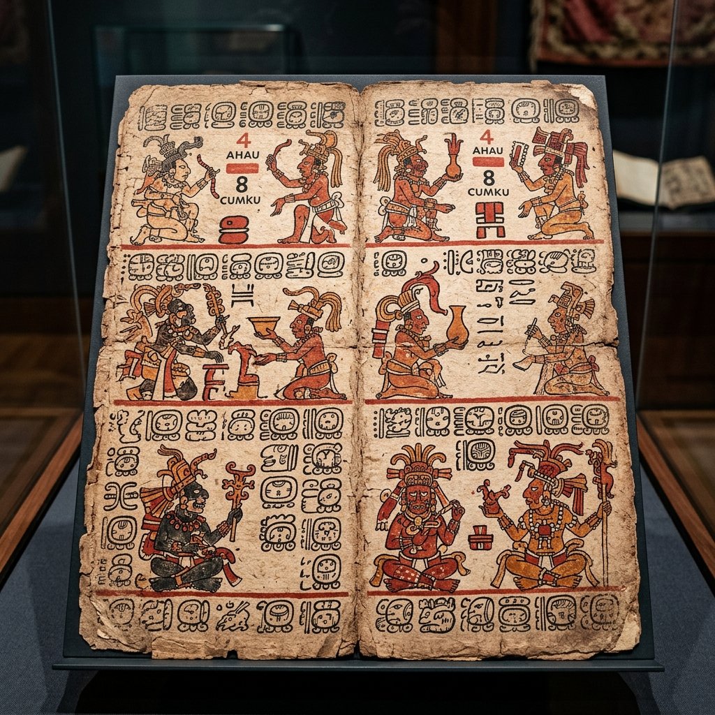 A high-resolution photograph of an ancient Maya painted codex page showing red and black ink on bark paper