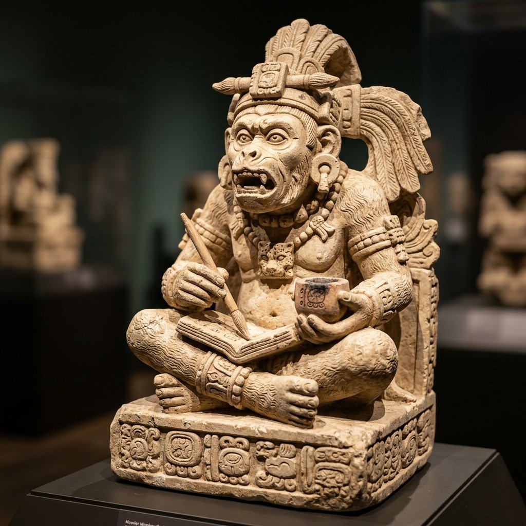 A macro photograph of a stone sculpture depicting the Howler Monkey God holding a brush