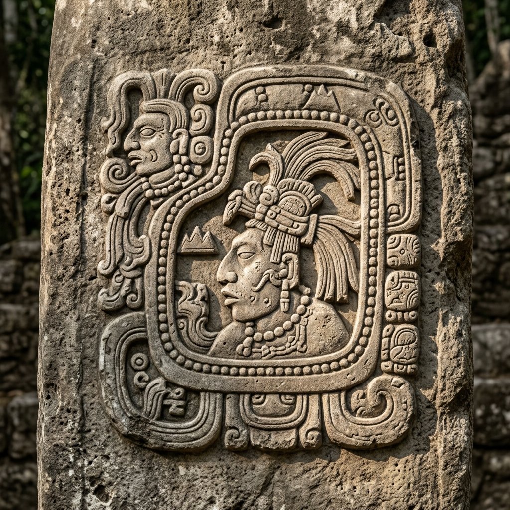 A large ancient Maya emblem glyph carved on a stone stela, showing a complex cartouche with interlocking logographic and syllabic elements