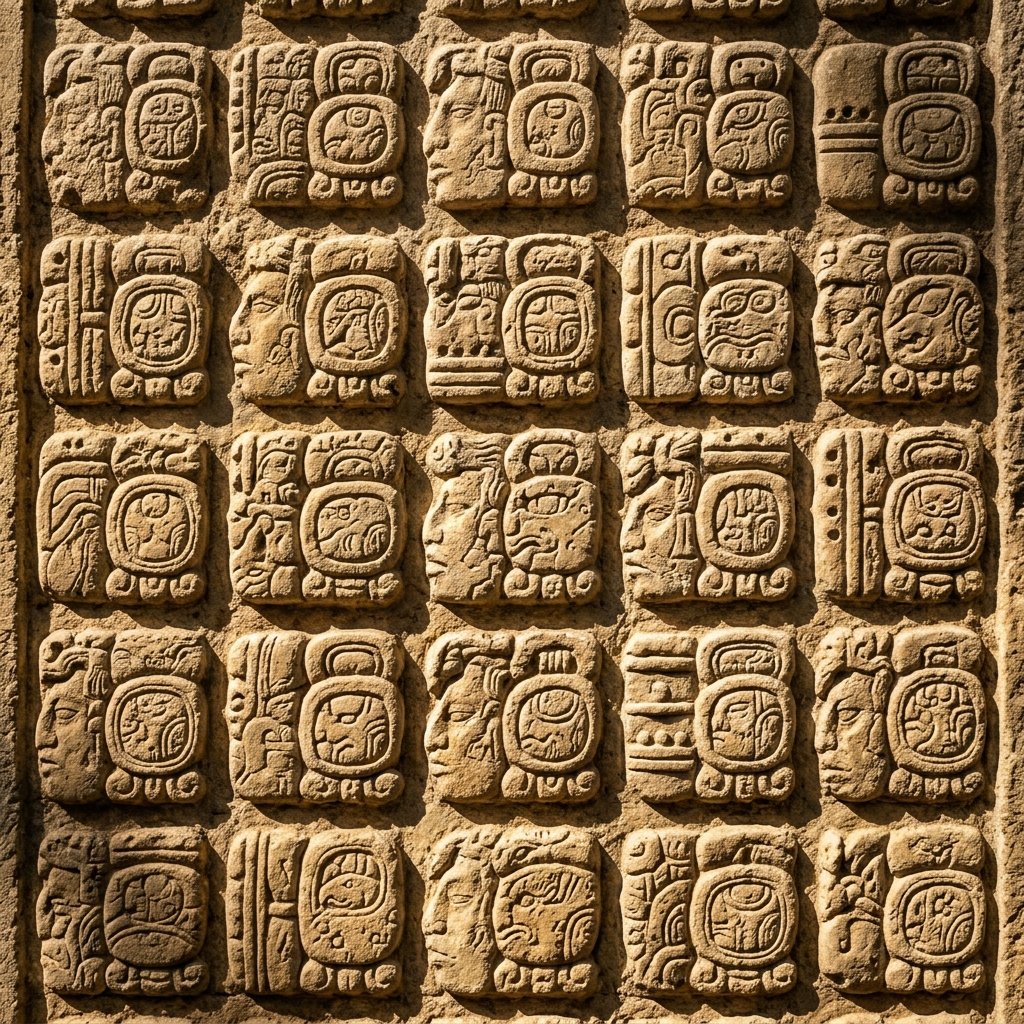 A close-up of an ancient Maya limestone wall densely covered with intricately carved hieroglyphic glyph blocks, with dramatic raking light revealing the depth and precision of the carving