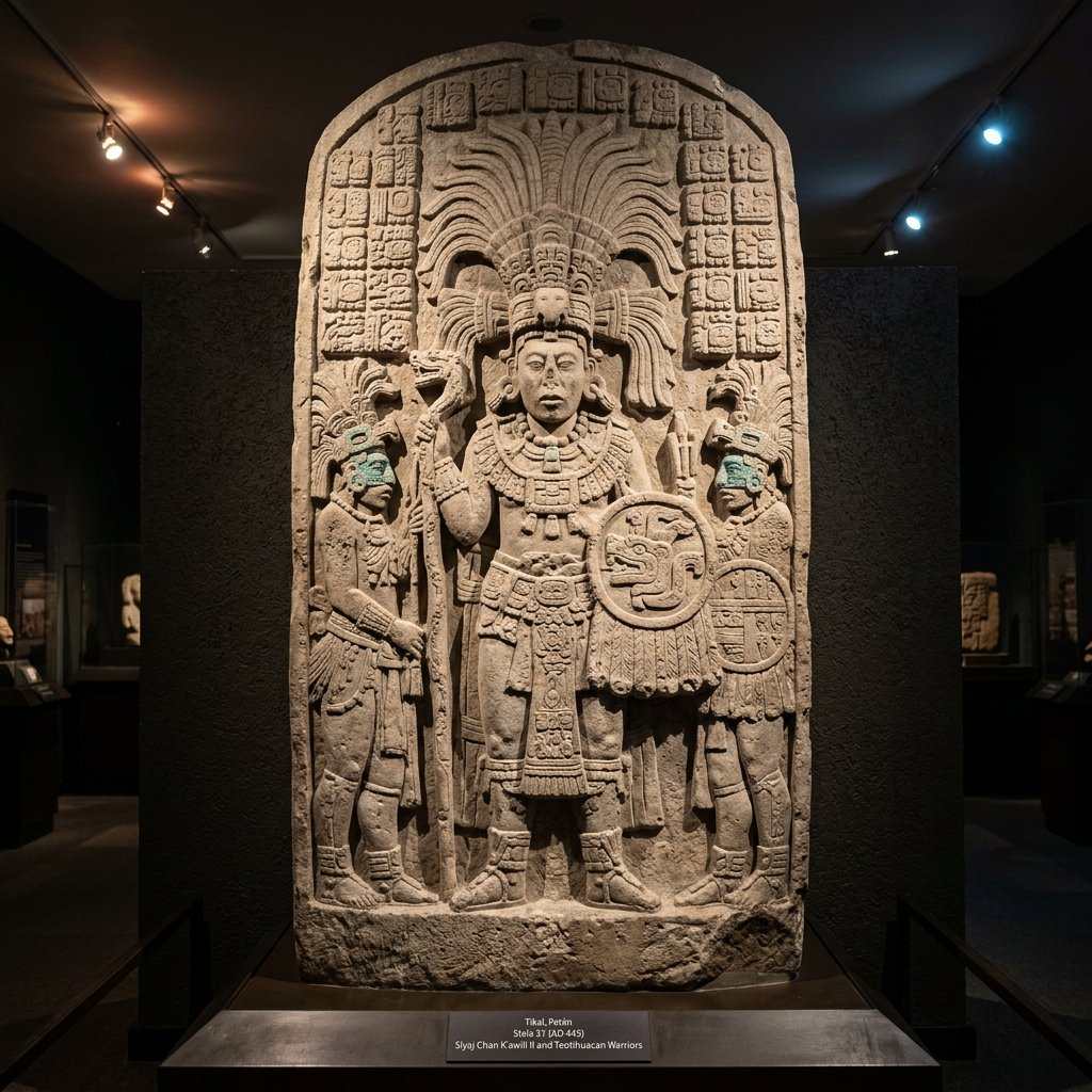 Stela 31 from Tikal — carved monument showing Teotihuacan contact