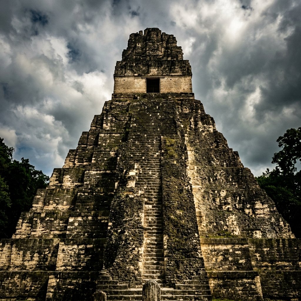 Temple I at Tikal — the steep nine-tiered pyramid rising to its ornate roof comb, the funerary monument of King Jasaw Chan K'awiil I