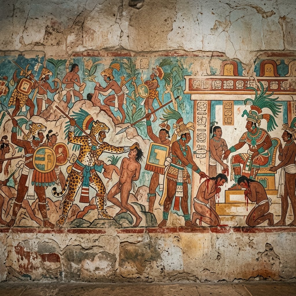 Vivid ancient Maya fresco mural in the Bonampak style showing warriors in jaguar costumes and captive presentation