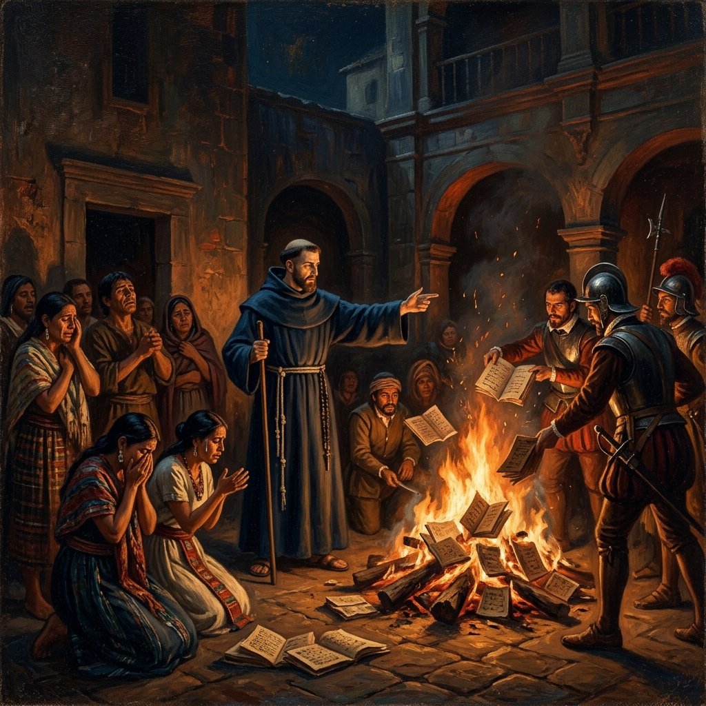 Oil painting of a Spanish friar overseeing the burning of Maya codices as Maya scribes watch in despair