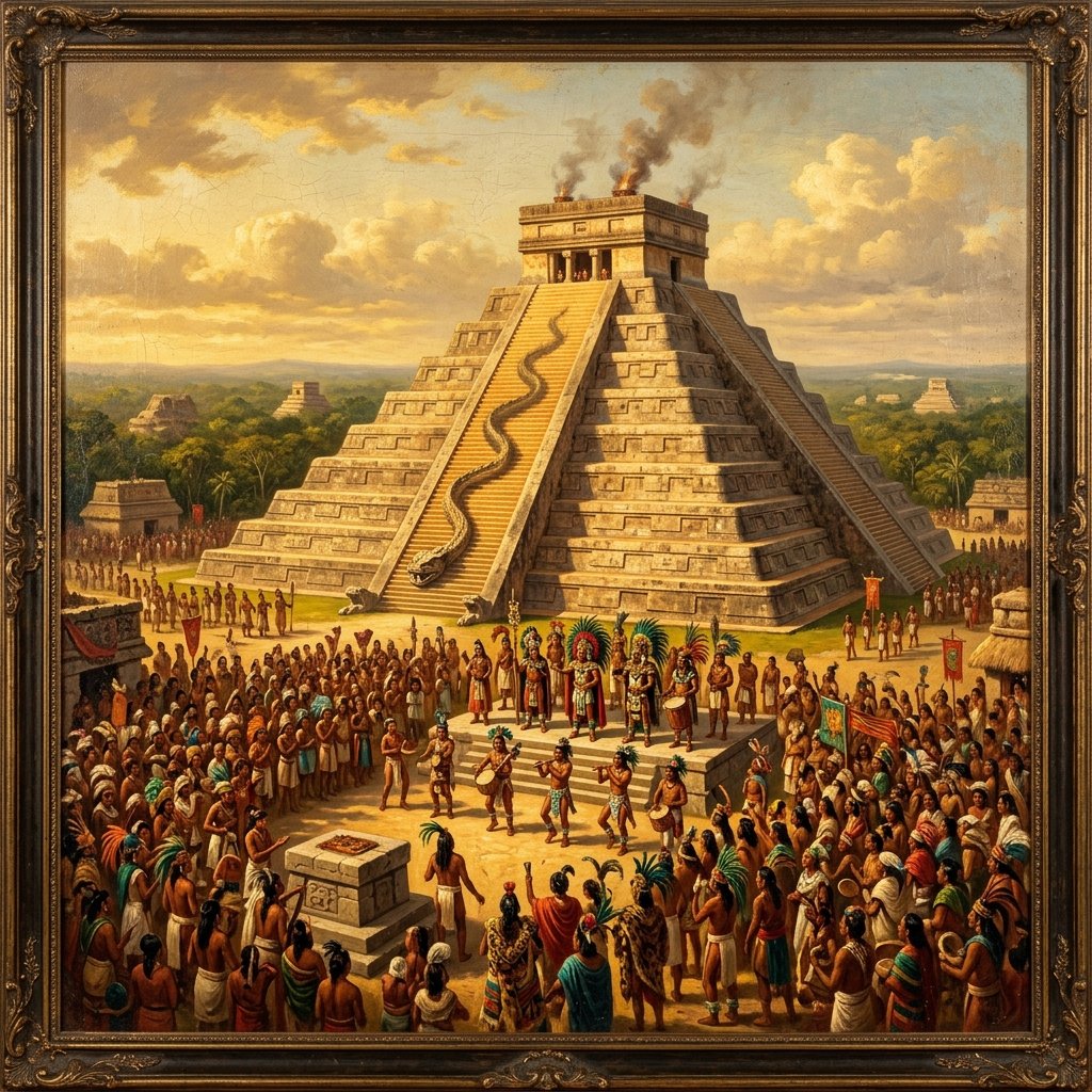 Painting of the Pyramid of Kukulkan at Chichen Itza with crowds gathered for the feathered serpent equinox ceremony