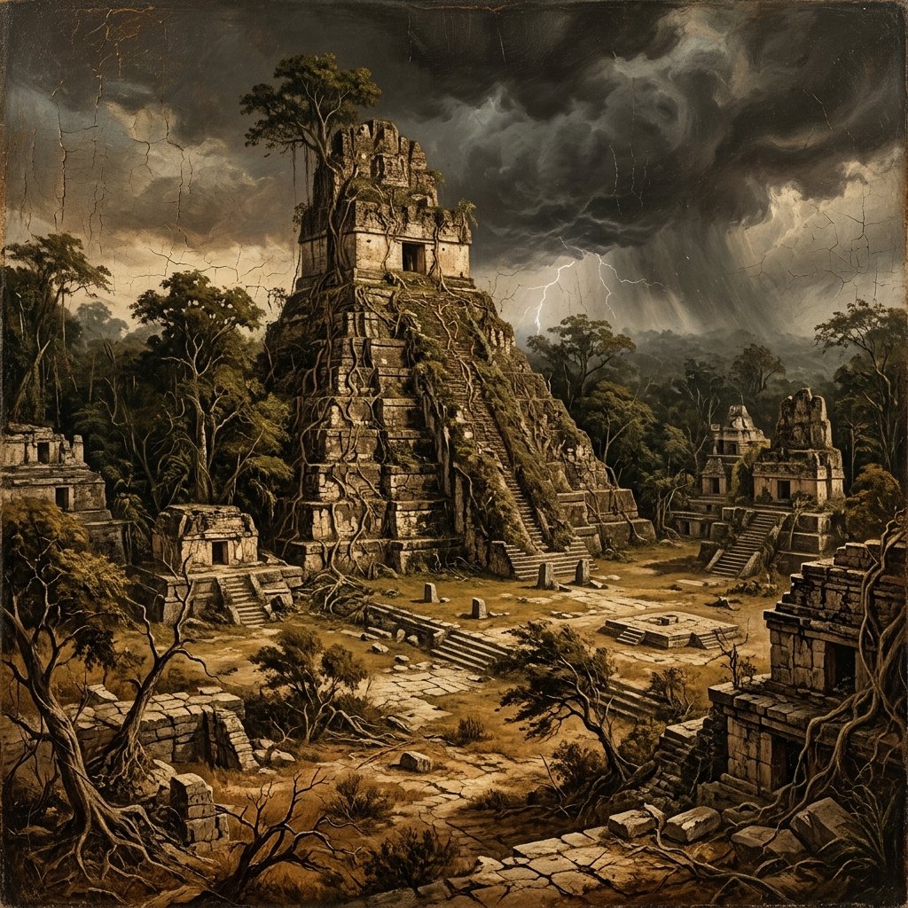 Oil painting of an abandoned Maya city being reclaimed by jungle with pyramid temples covered in vines