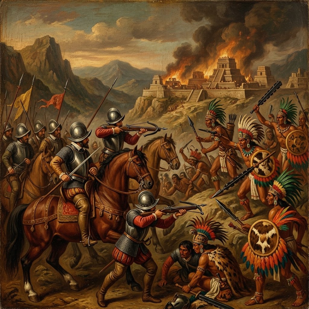 Oil painting of armored Spanish soldiers confronting Maya warriors with feathered shields before a burning city
