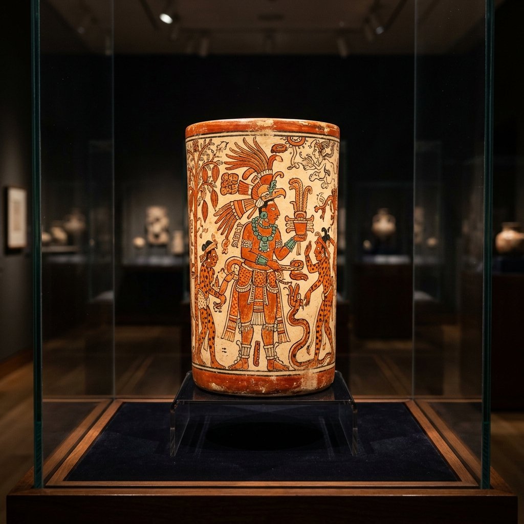 Museum photograph of an exquisite Maya polychrome ceramic vessel with painted mythological scenes