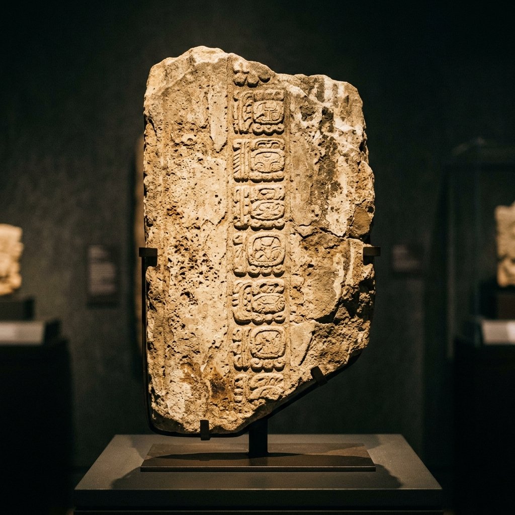 Ancient Maya stone stela fragment with the earliest known hieroglyphic writing carved into weathered limestone