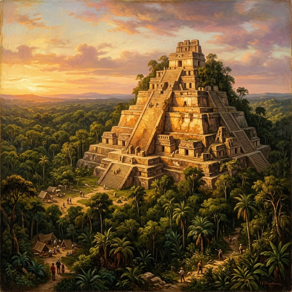 Oil painting of the massive La Danta pyramid at El Mirador rising above the tropical jungle canopy at sunset
