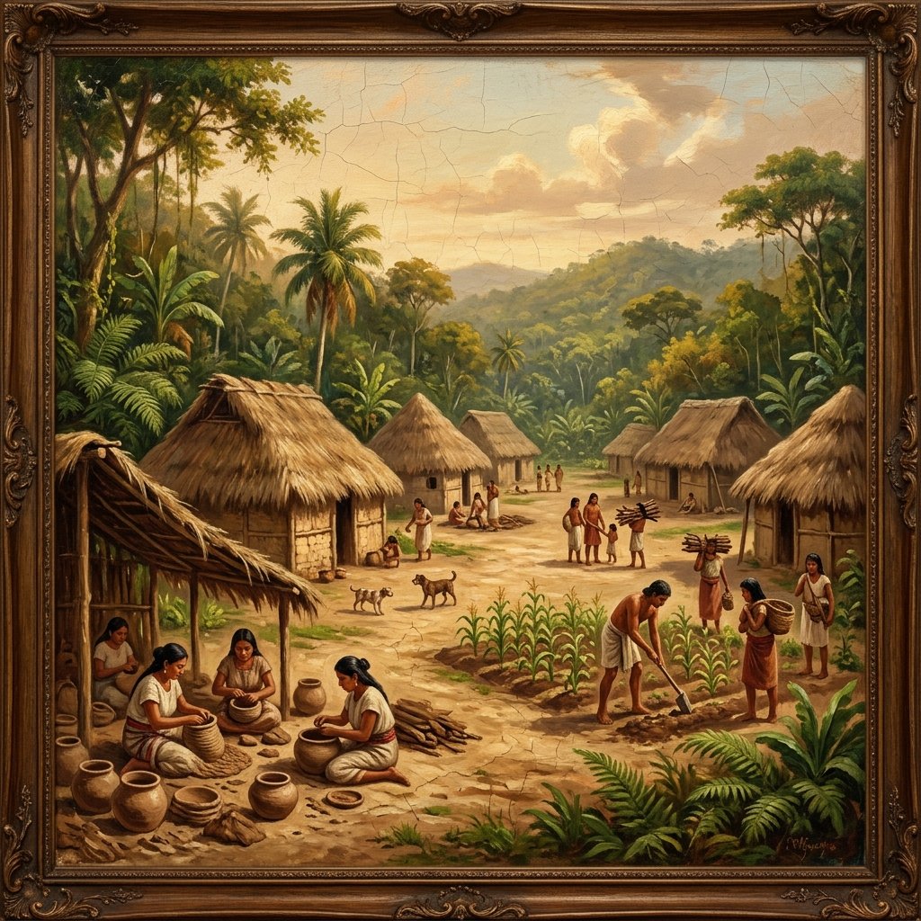 Oil painting of an early Maya village with thatched huts, pottery-making, and maize fields in a tropical clearing