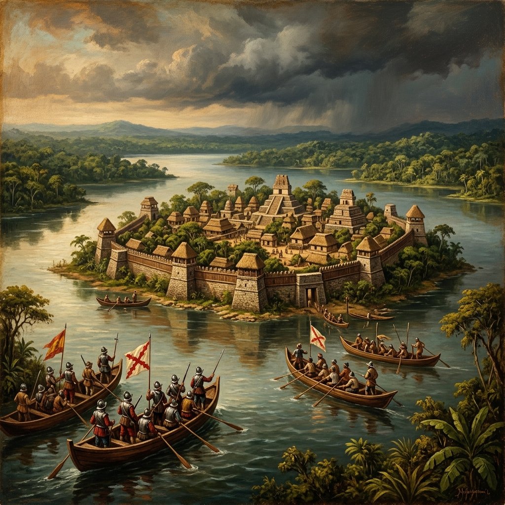 Oil painting of a fortified Maya island city on a tropical lake with Spanish canoes approaching