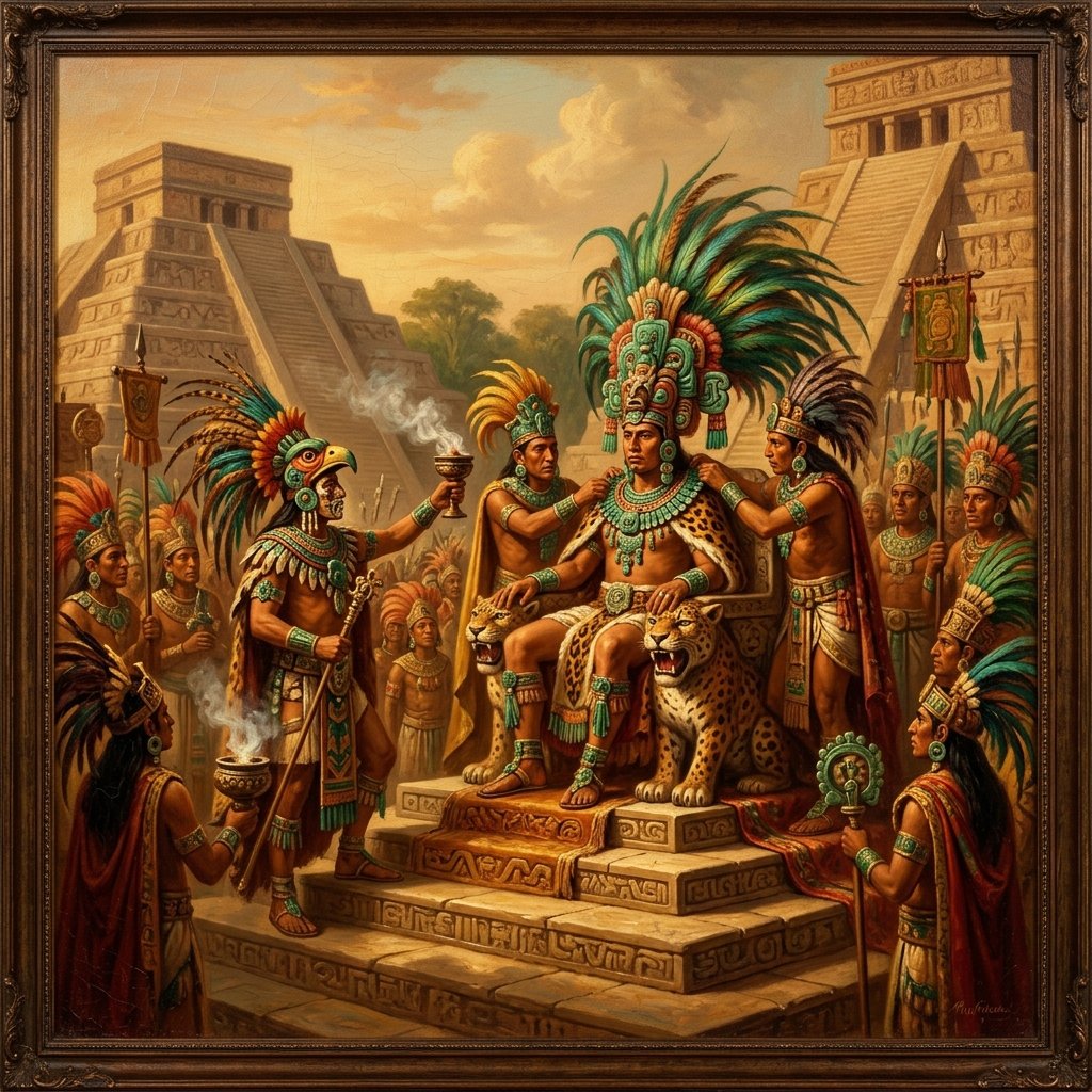 Oil painting of a Maya king being ceremonially installed on a jaguar throne surrounded by priests and nobles