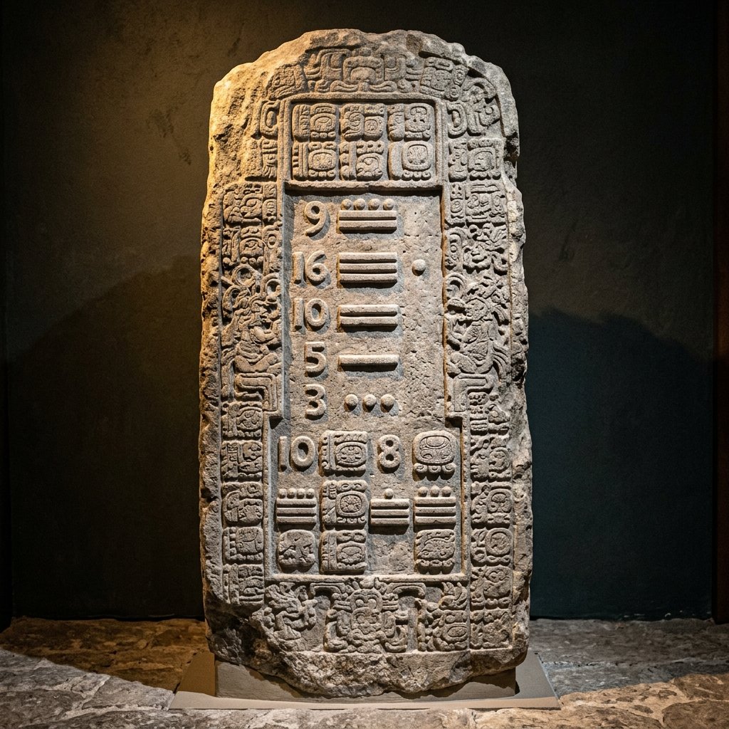Ancient Maya stone stela with deeply carved Long Count calendar date inscription and bar-and-dot numerals