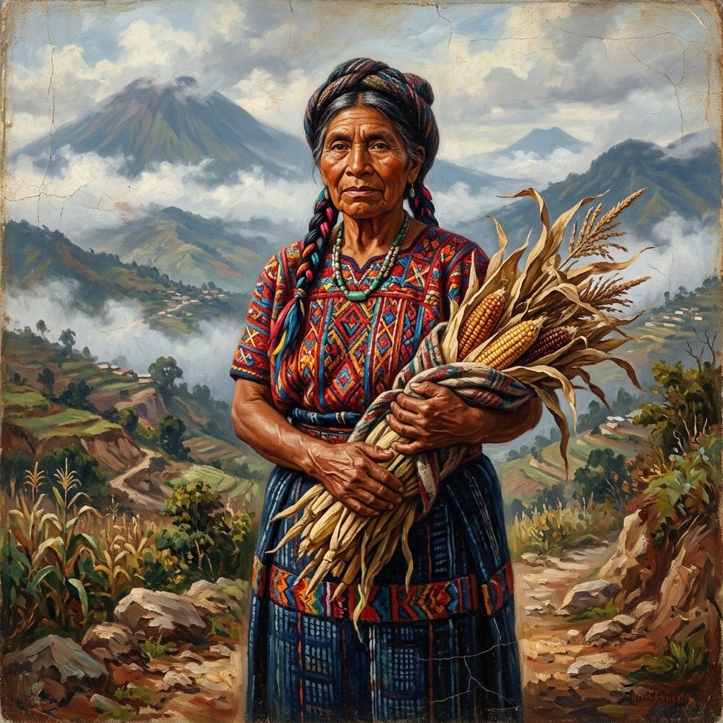 Portrait painting of a K'iche' Maya woman in traditional colorful woven huipil before the Guatemalan highlands