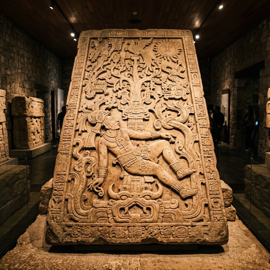 The carved sarcophagus lid of King Pakal showing the Maya king descending into the jaws of the underworld