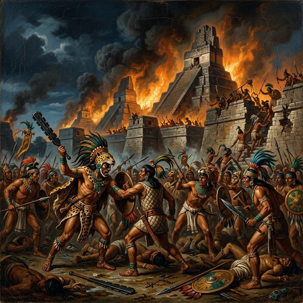 Oil painting of a dramatic Maya battle with warriors in jaguar headdresses attacking a fortified city