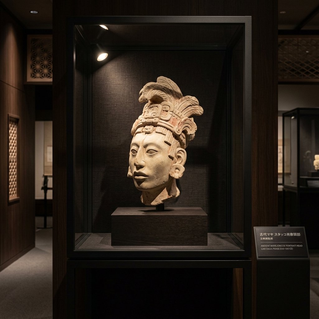 Maya stucco portrait head displayed in a Japanese museum