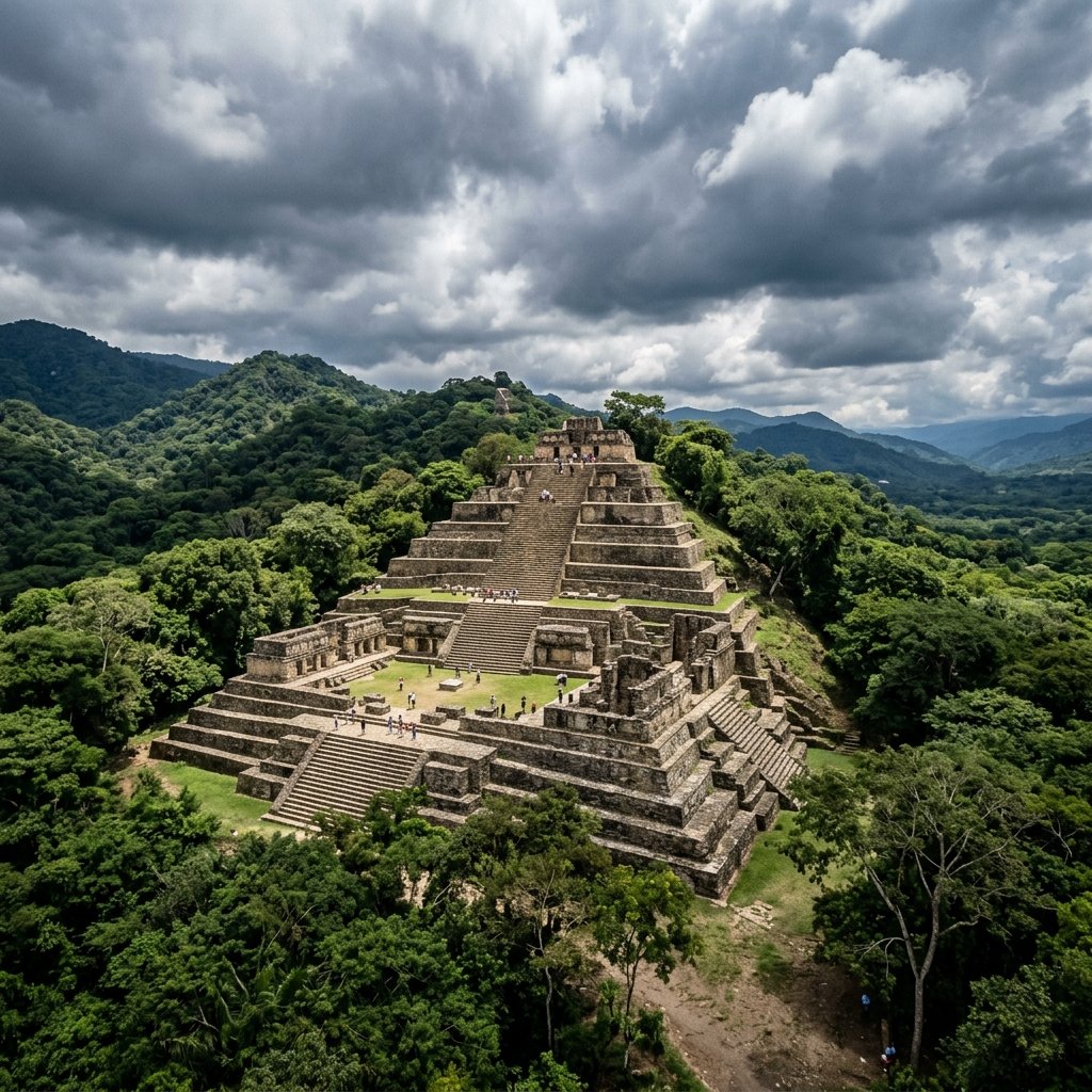 The massive terraced acropolis of Toniná carved into a mountainside in Chiapas, Mexico