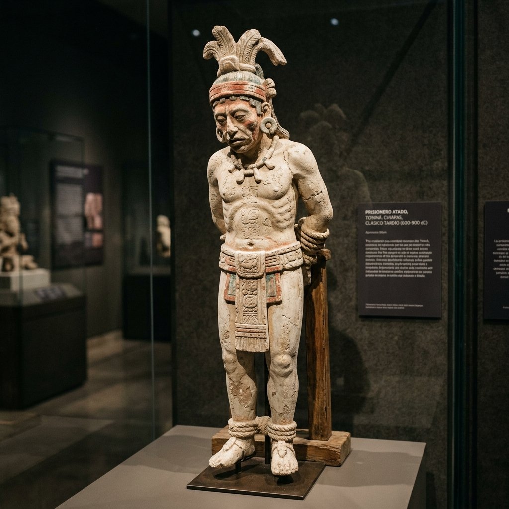 Maya stucco sculpture of a bound prisoner from Toniná