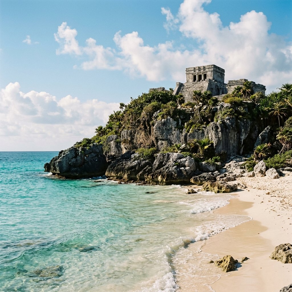 El Castillo at Tulum perched on a limestone cliff above the turquoise Caribbean Sea, viewed from the beach below