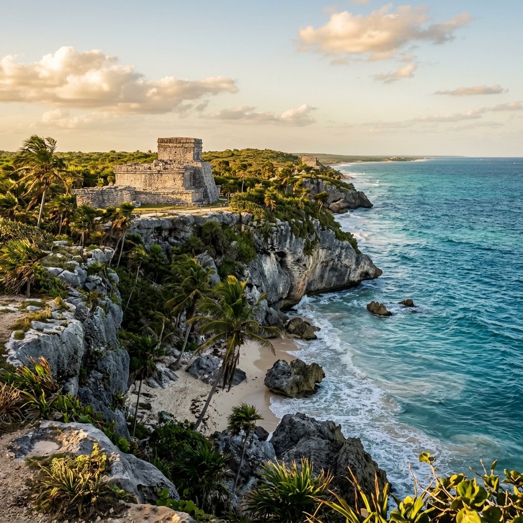 The Caribbean coastline at Tulum — Maya ruins atop dramatic limestone cliffs above turquoise water, with palm trees along the edge