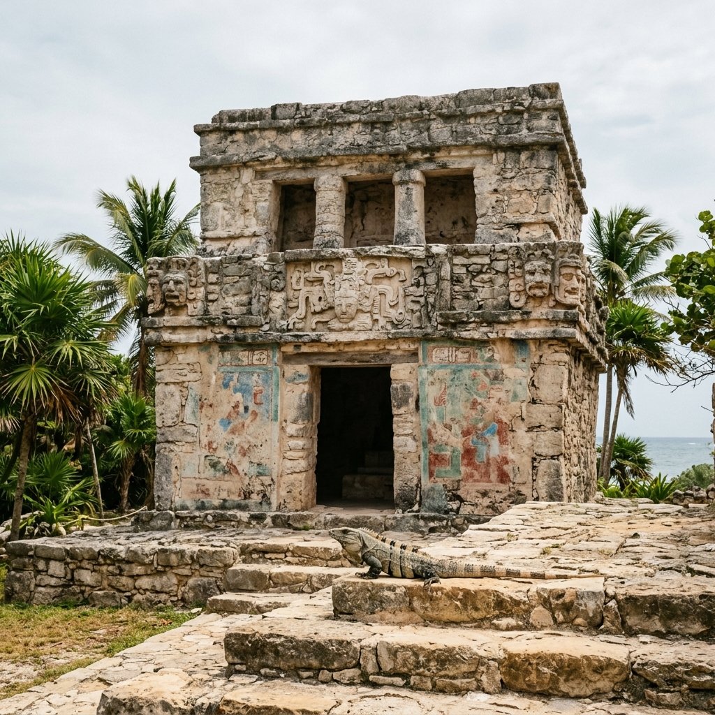 The Temple of the Frescoes at Tulum with stucco figures and traces of polychrome murals on its facade